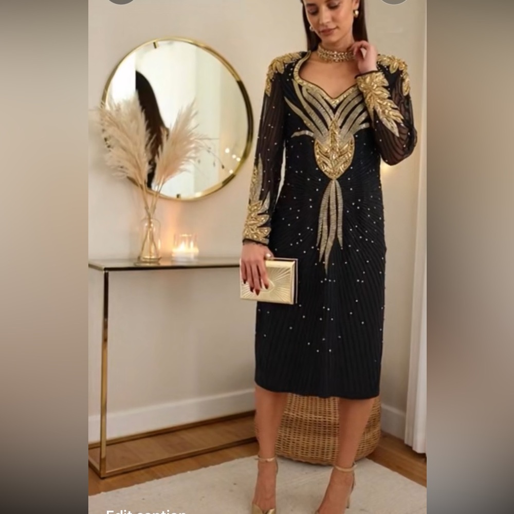 Vintage Lillie Rubin Black and Gold Beaded Long Sleeve Cocktail Party Dress
